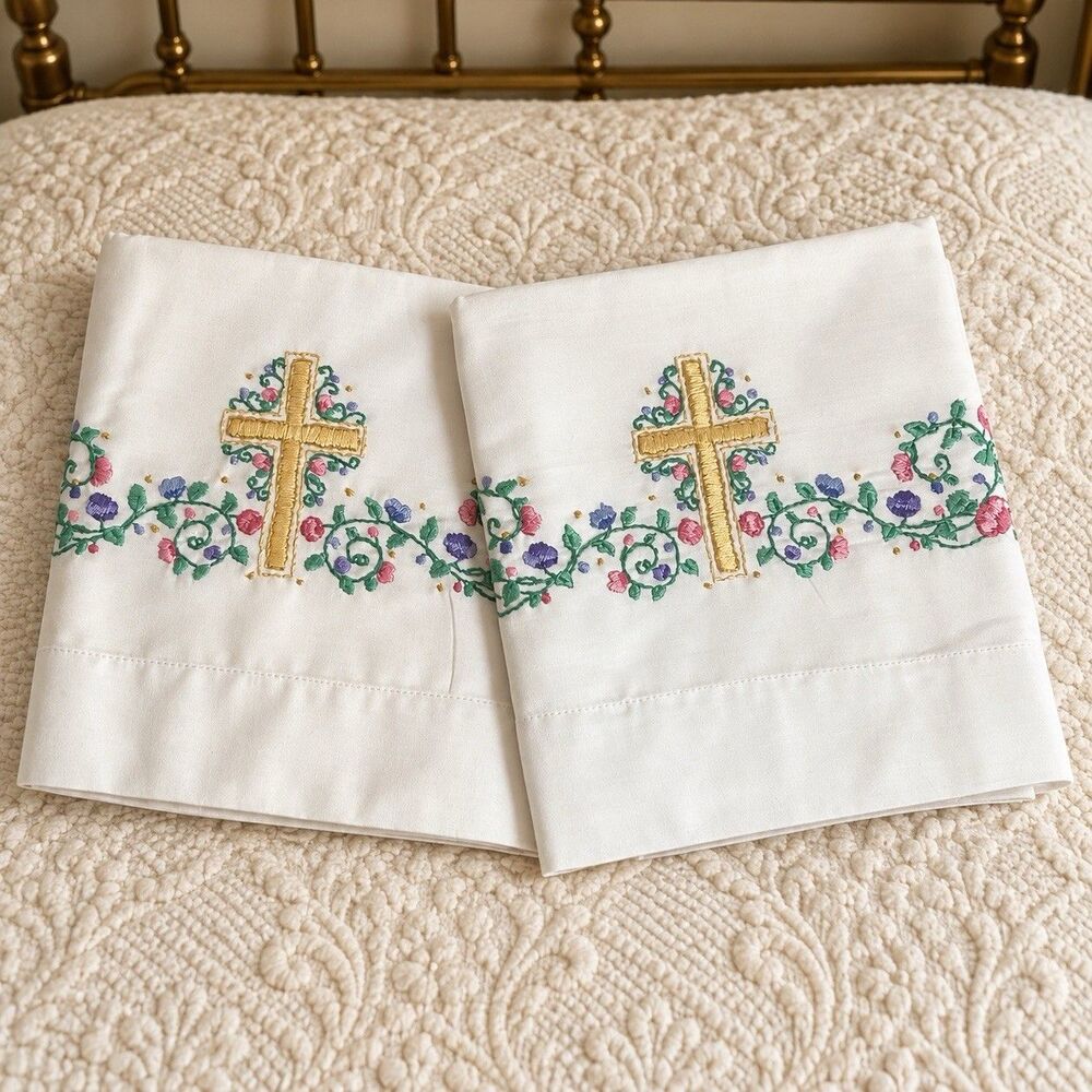 Vintage Embroidered Christian Cross Floral Standard Pillowcases Pair White 32x21